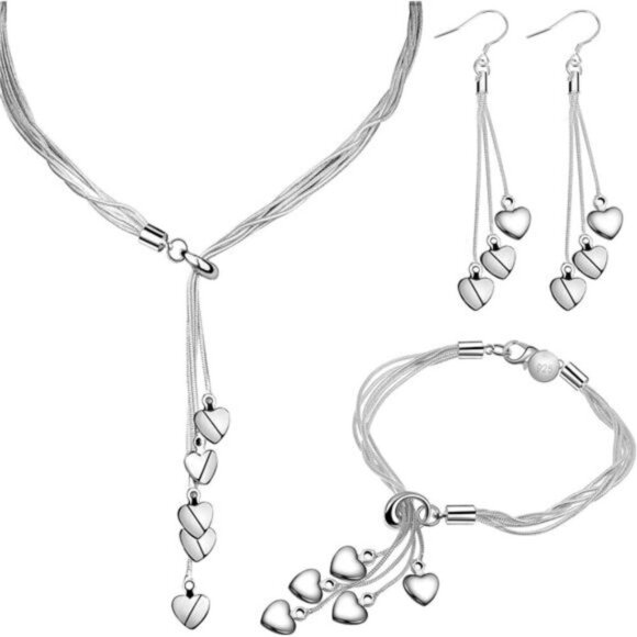 3 Piece  Italian Silver Heart Chain Necklace, Earrings & Bracelet set for women - Picture 1 of 7